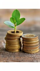 A small plant sprouts from a stack of gold coins, symbolizing growth and financial success.