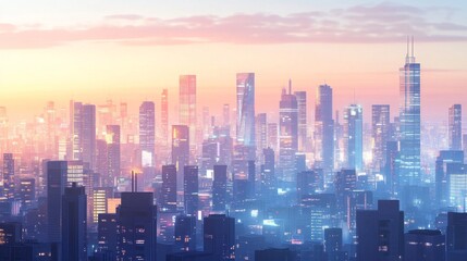 Fototapeta premium Panoramic city skyline with modern high-rise buildings at dusk. Great for business, urban development, or technology themes. 