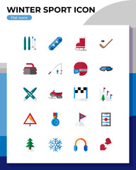 Winter Sport flat icon set. Icon of skating, snowboarding, curling, hockey, medal and more. Flat icons vector illustrations isolated on white transparent background