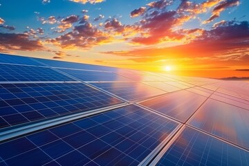 A field of solar panels gleams in the golden light of sunset, a symbol of clean energy and a sustainable future.