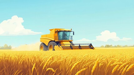 Fototapeta premium Rice farming in a traditional landscape with modern harvesting equipment. Perfect for the balance of tradition and technology in agricultural development. 