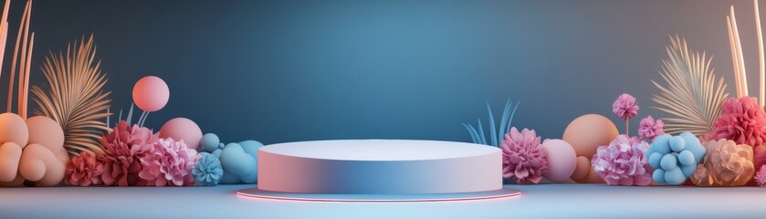 3D-rendered podium encircled by glowing geometric flowers, giving off a vibrant and futuristic aesthetic