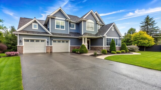 Gray walled house and white asphalt driveway in suburban neighborhood