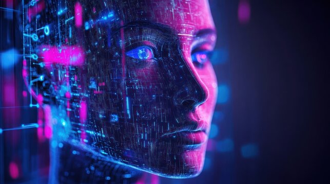 Digital face with glowing circuit texture overlay