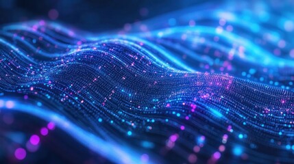 Flowing wave of digital particles in neon glow