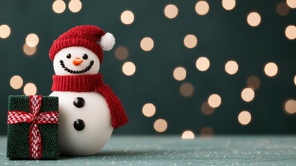 Fototapeta premium A cheerful snowman with a red hat and scarf stands beside a gift, set against a backdrop of softly glowing lights.