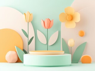 Floating geometric flowers around a podium, rendered in 3D with pastel tones, creating a light and airy composition