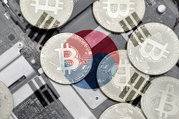 flag of south korea on the bitcoins with computer electronic circuit board background. bitcoin concept.