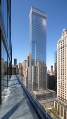 A view from a rooftop terrace overlooking a modern skyscraper and the city skyline.