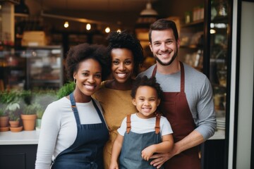 Cheerful small business diverse owners standing and smiling in front of their shop portrait adult child.