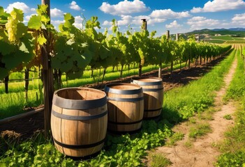 captivating scene lush vineyard rustic barrels surrounded ripe grapes under bright blue sky, wine, harvest, landscape, countryside, foliage, agriculture