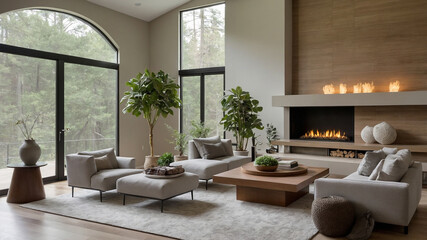 Fototapeta premium Modern living room with cozy fireplace and elegant decor elements in natural tones.