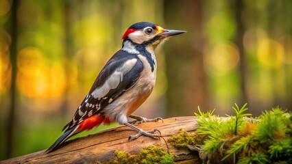 Great spotted woodpecker in forest with leading lines