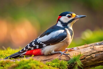 Naklejka premium Great spotted woodpecker perched on branch. High angle view