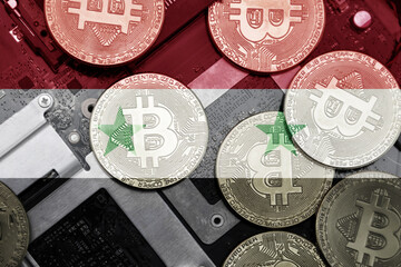 flag of syria on the bitcoins with computer electronic circuit board background. bitcoin concept.
