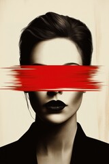 A striking monochrome portrait of a woman is accentuated by a bold red brushstroke obscuring her eyes, set against a neutral backdrop, creating a dramatic and mysterious atmosphere.