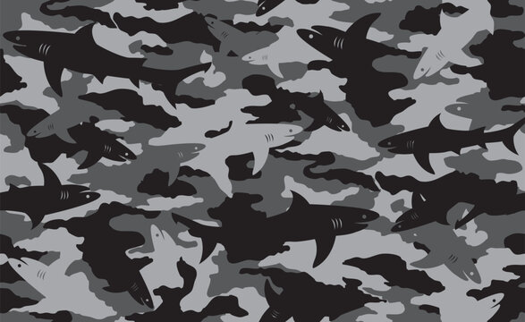Seamless black and grey camouflage pattern with shark silhouettes. Sea creature camo background print.