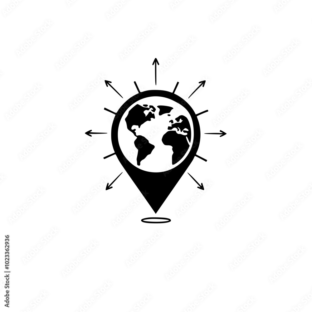 Sticker black and white map marker icon with a globe inside, representing global connectivity and navigation
