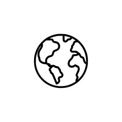 Minimalistic black and white line drawing of a globe representing Earth, highlighting continents with simple outlines on a plain white background.