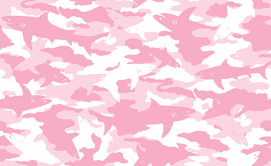 Seamless pink and white camouflage pattern with shark silhouettes. Girls sea creature camo background print.