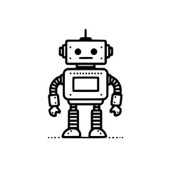 Fototapeta premium Minimalist black and white illustration of a retro-styled robot with antenna and metallic limbs on a plain background.