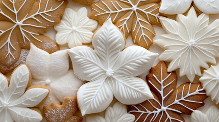 Christmastime, wintertime concept.  Homemade flower  and leaf shaped cookies,  glazed gingerbread cookies. 