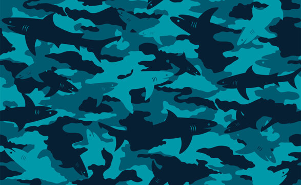 Seamless navy blue and teal camouflage pattern with shark silhouettes. Sea creature camo background print.