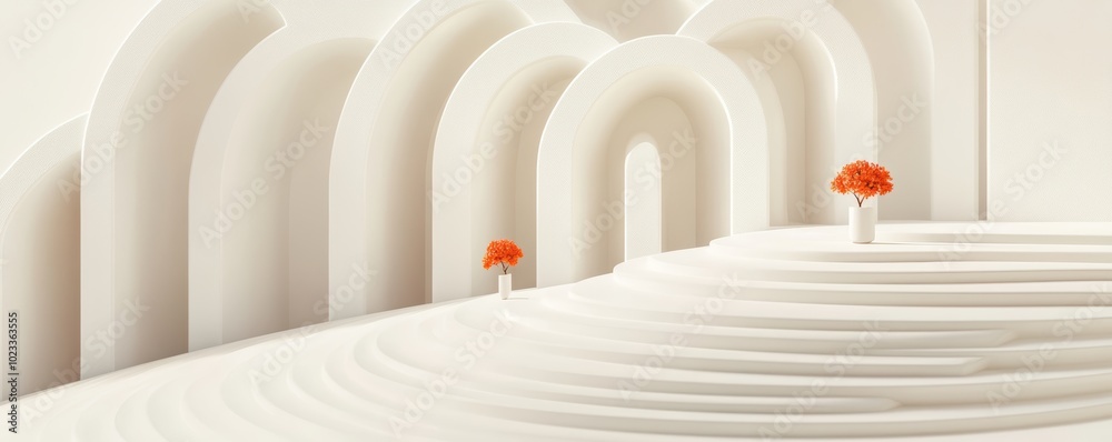 Wall mural podium with geometric flowers arranged in a spiral pattern, rendered in 3d to create depth and a sen