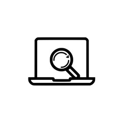 Outline icon depicting a laptop with a magnifying glass symbol on its screen, representing online search or research functionality.