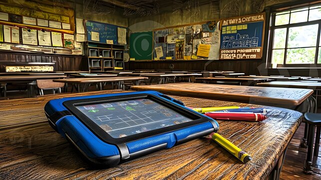 Digital tablet surrounded by various school supplies like pens pencils rulers and notebooks showcasing a modern 3D of a classroom setup for education learning and academic purposes