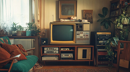 Nostalgic 90s Living Room: Boxy TV, Cassette Tapes, and Retro Furniture Generative AI