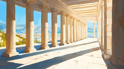 Sunlit columns in an ancient greek temple. Ancient Greek Temple. Illustration