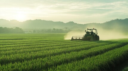 Fototapeta premium Skilled farmer driving a rice harvester through a lush green paddy field. Suitable for agricultural technology, farming operations, and rural livelihoods.