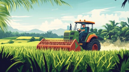 Obraz premium Skilled farmer driving a rice harvester through a lush green paddy field. Suitable for agricultural technology, farming operations, and rural livelihoods.