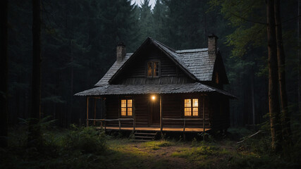 Rustic cabin glowing warmly in a dark, misty forest setting surrounded by tall, shadowy trees.