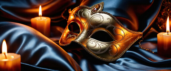 Golden carnival mask lying on blue silk with candles illuminating the scene