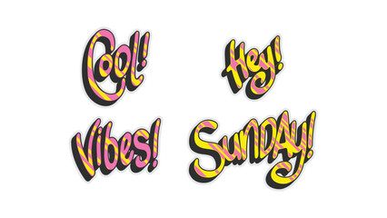Hand-drawn Sticker Typography: Expressive words Cool, Hey, Vibes, Sunday in pink and yellow with bold black shadow. Fun and stylish, ideal for creative designs. Vector illustration.