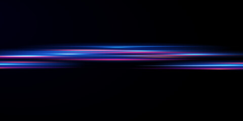 Neon lines moving light effect. Horizontal lines. Speed ​​effect on a transparent background. Lines of light, speed and movement	