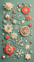 Vintagestyle Christmas card,  Merry Christmas  in red and green, decorated with snowflakes, 3D illustration