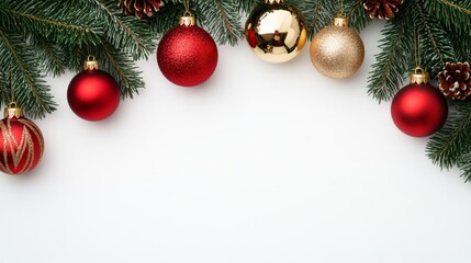 Sparkling Christmas ornaments in red and gold hanging from pine branches on a snowy white background 