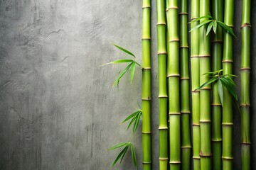 Green bamboo stems against concrete grey wall tilted angle