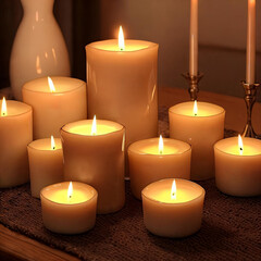 Cluster of scented candles of various shapes and sizes arranged on a reflective surface.