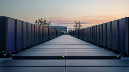 Obraz premium A long, narrow walkway lined with rows of black server racks under a twilight sky.
