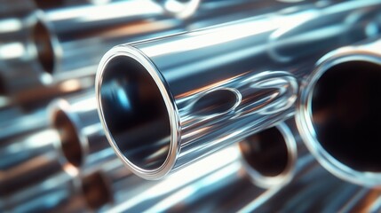 Naklejka premium Close-up of shiny metallic pipes, showcasing their smooth surface and cylindrical shape.