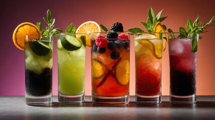 Vibrant cocktail selection with straws and garnishes, perfect for refreshing summer moments.
