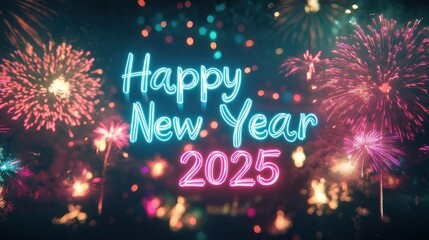 Happy New Year 2025 glowing in bright teal, surrounded by colorful fireworks lighting up the night.