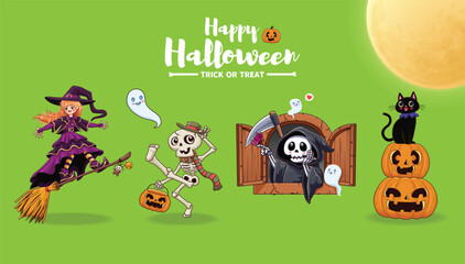 Vintage Halloween poster design with vector witch, skeleton, reaper, ghost, jack o lantern character. 