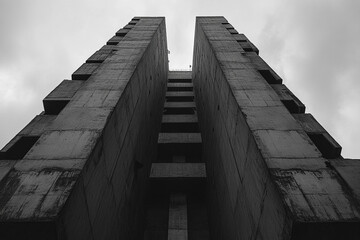 Futuristic Dystopian Brutalist Skyscraper Design Showcasing Monolithic Concrete Structures and Stark Urban Aesthetic