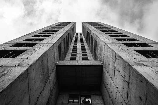 Futuristic Dystopian Brutalist Skyscraper Design Showcasing Monolithic Concrete Structures and Stark Urban Aesthetic