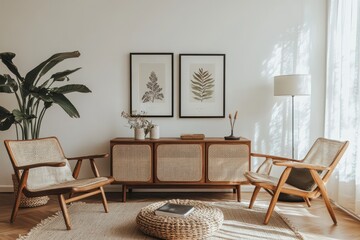 Mid-Century Modern Living Room with Rattan Chairs and Botanical Prints